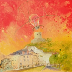 Lampadaire, abat jour electrique, rechauffement climatique, lumi�re Chateau de La Roche-Guyon evoqu� pour le COP 21 et le festival c�sarts fete de la planete a Nucourt, Val d'Oise