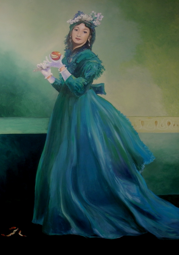 "La dame au gant" 1869  Carolus-Duran Copie, transformations pommes 2011 par  Christine B�thune, Bernouville, 27 (a c�t� de Bezu-saint-Elois)  