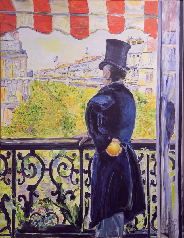 � L�Homme au Balcon � : boulevard Haussmann. Gustave Caillebotte 1880. transform� en 2013  par Sylvie Czasny, Gisancourt 27720. F�te de la peinture d�partement de l'Eure 2015