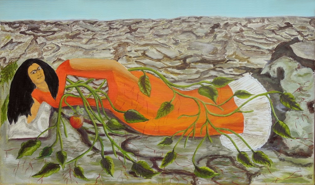 Racines de Kahlo Frida.  Copie, exercice interpr�tation pomme par Claudia Guillemin,  Gisancourt 27720,  expos� � la f�te de la peinture d�partement de l'Eure