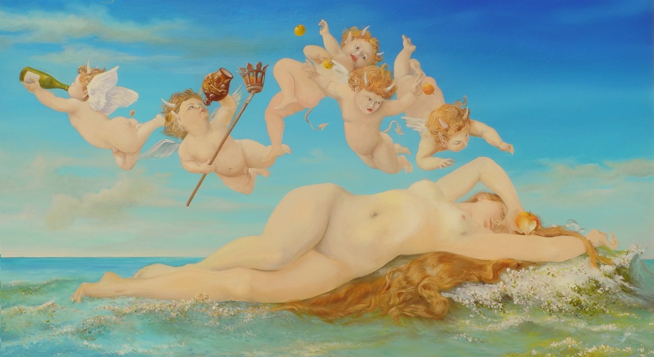 Venus devenant Eve, la pomme croqu�e dans la mains de Venus de Cabanel devient Eve de Pierre Marcel, et les angelots normands deviennent de gentils diablotins normands (petites cornes, queues) cueillant les pommes offertes � Adam et Eve