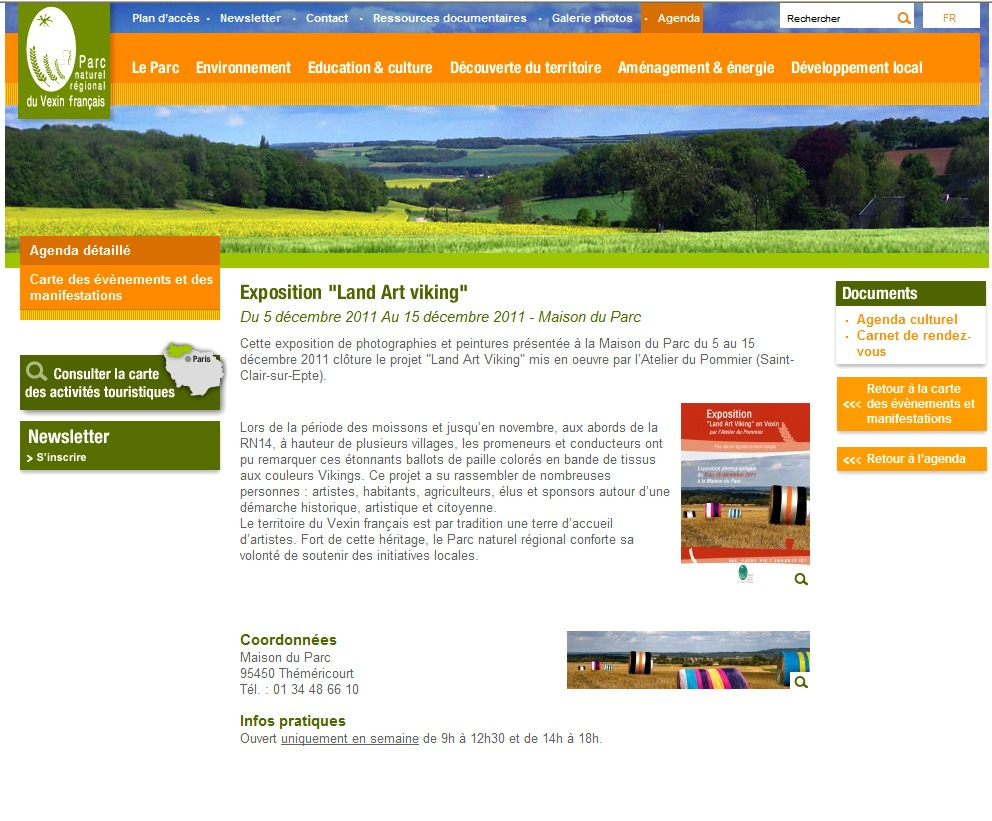 Capture �cran Site internet du Parc naturel r�gional Vexin fran�ais, agenda culturel Exposition "Land Art viking"